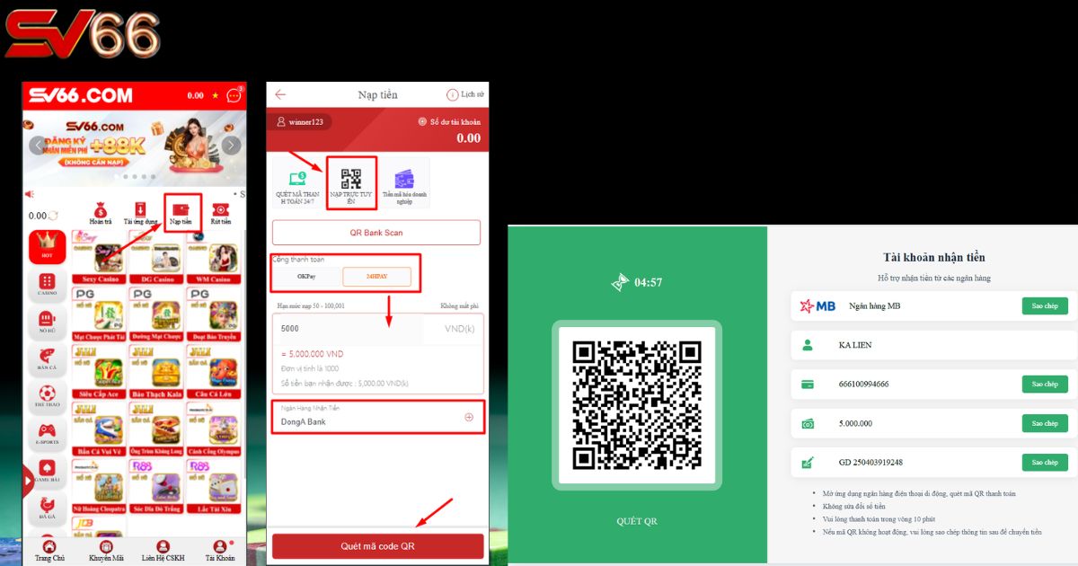 Các bước nạp tiền SV66 qua “Nạp tiền trực tuyến”